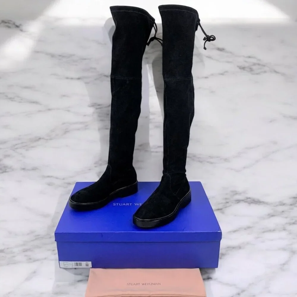 NIB Authentic Stuart Weitzman Mara Over the Knee Platform Boot Black Suede